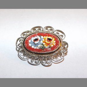 Italian Micro Mosaic Pin Brooch Oval Filigree Floral Design Vintage 1.25"